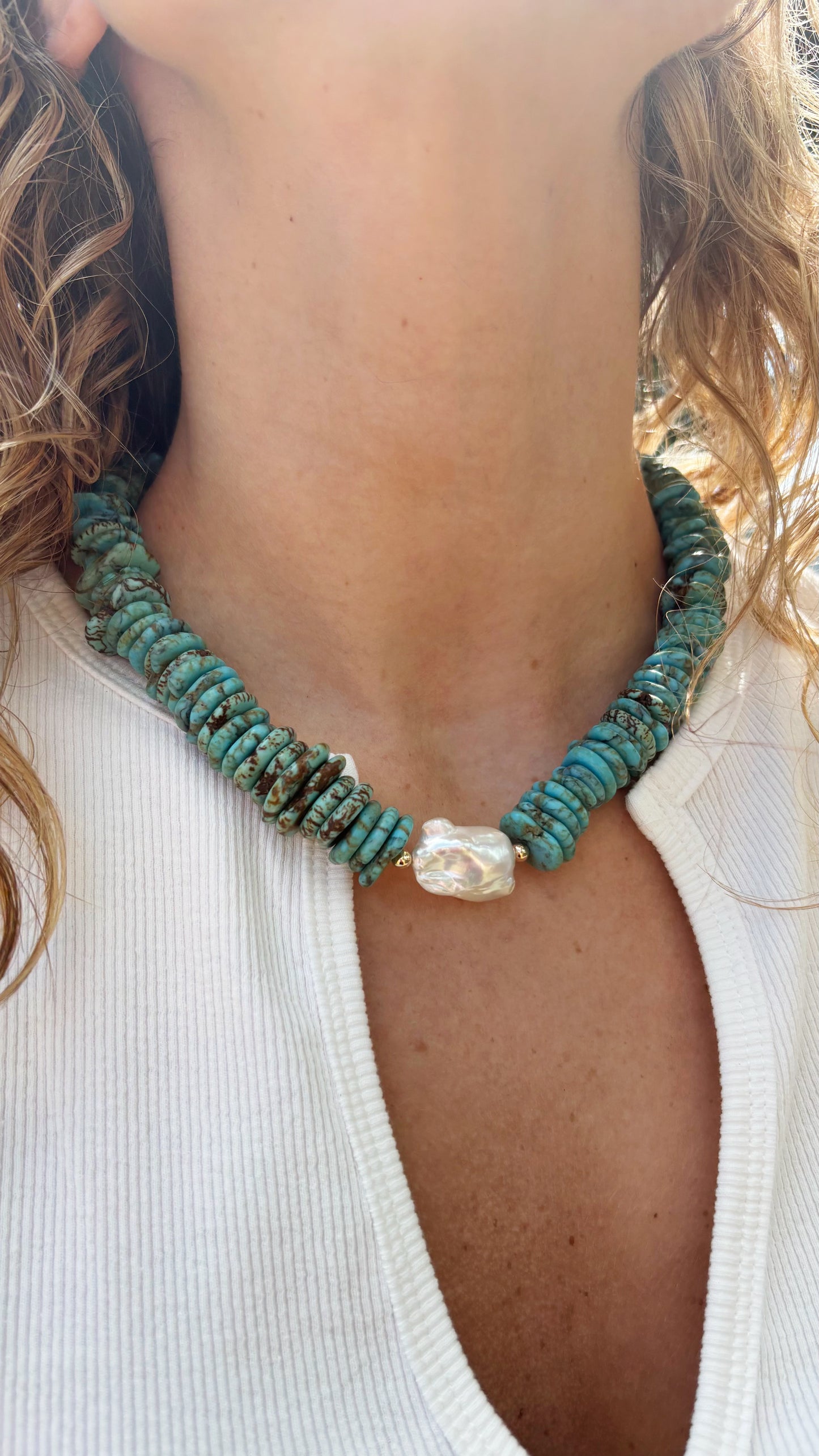 Teal Magnesite and Pearl Necklace