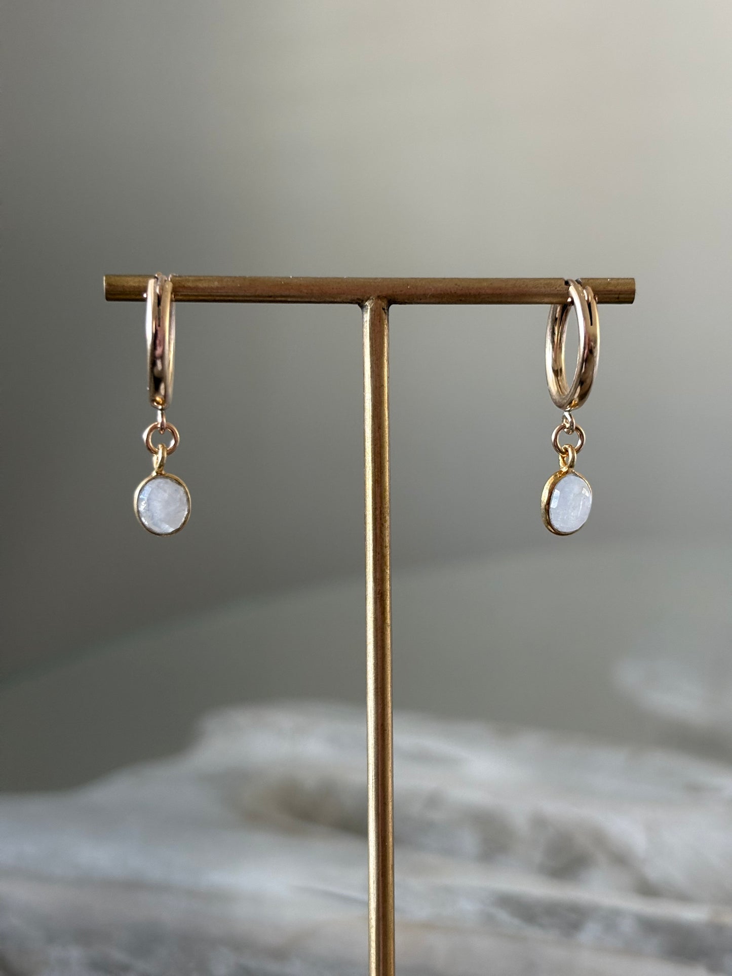 Rainbow Moonstone Gold Hoops