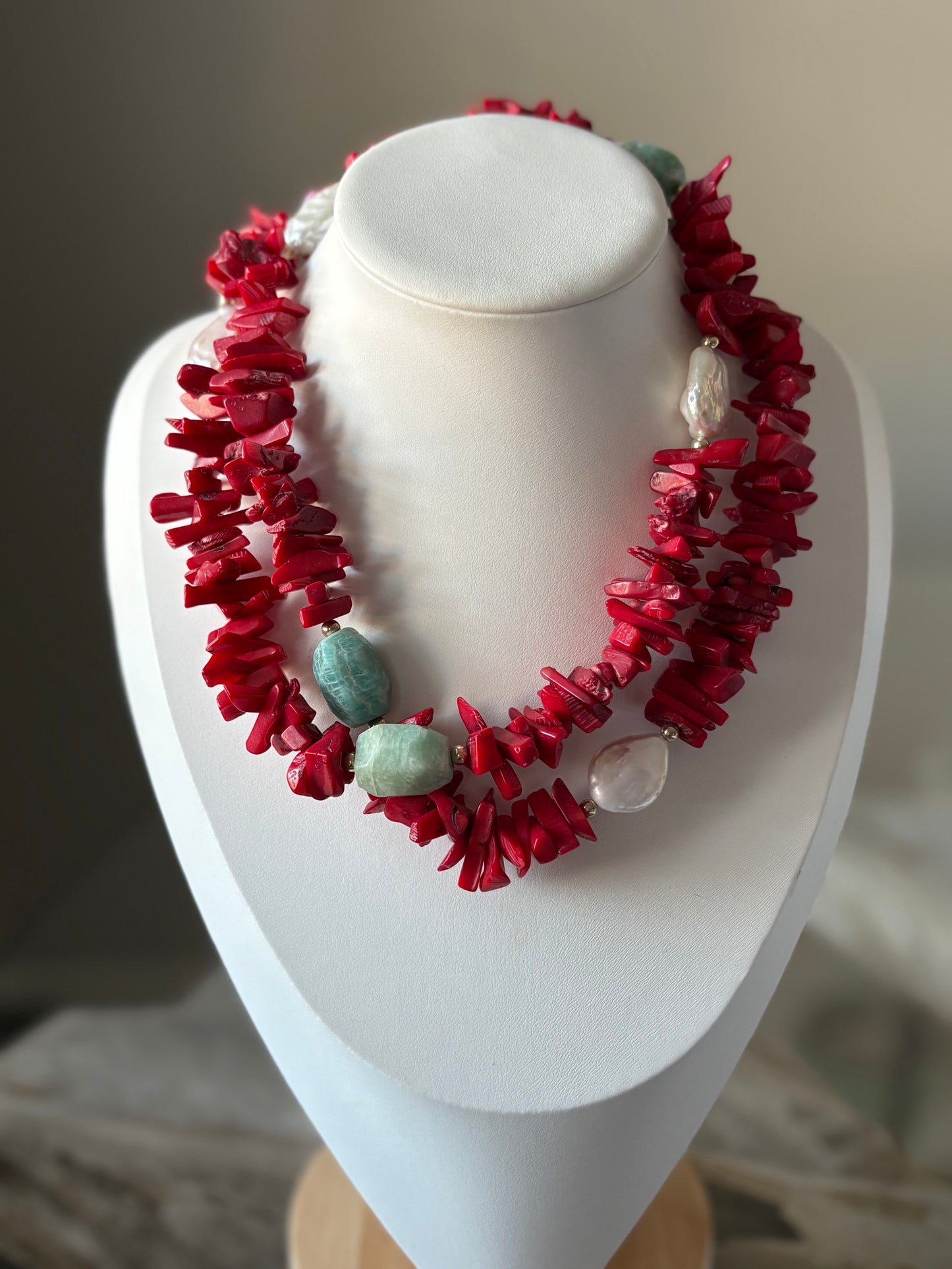 Coral, Amazonite and Pearl Necklace
