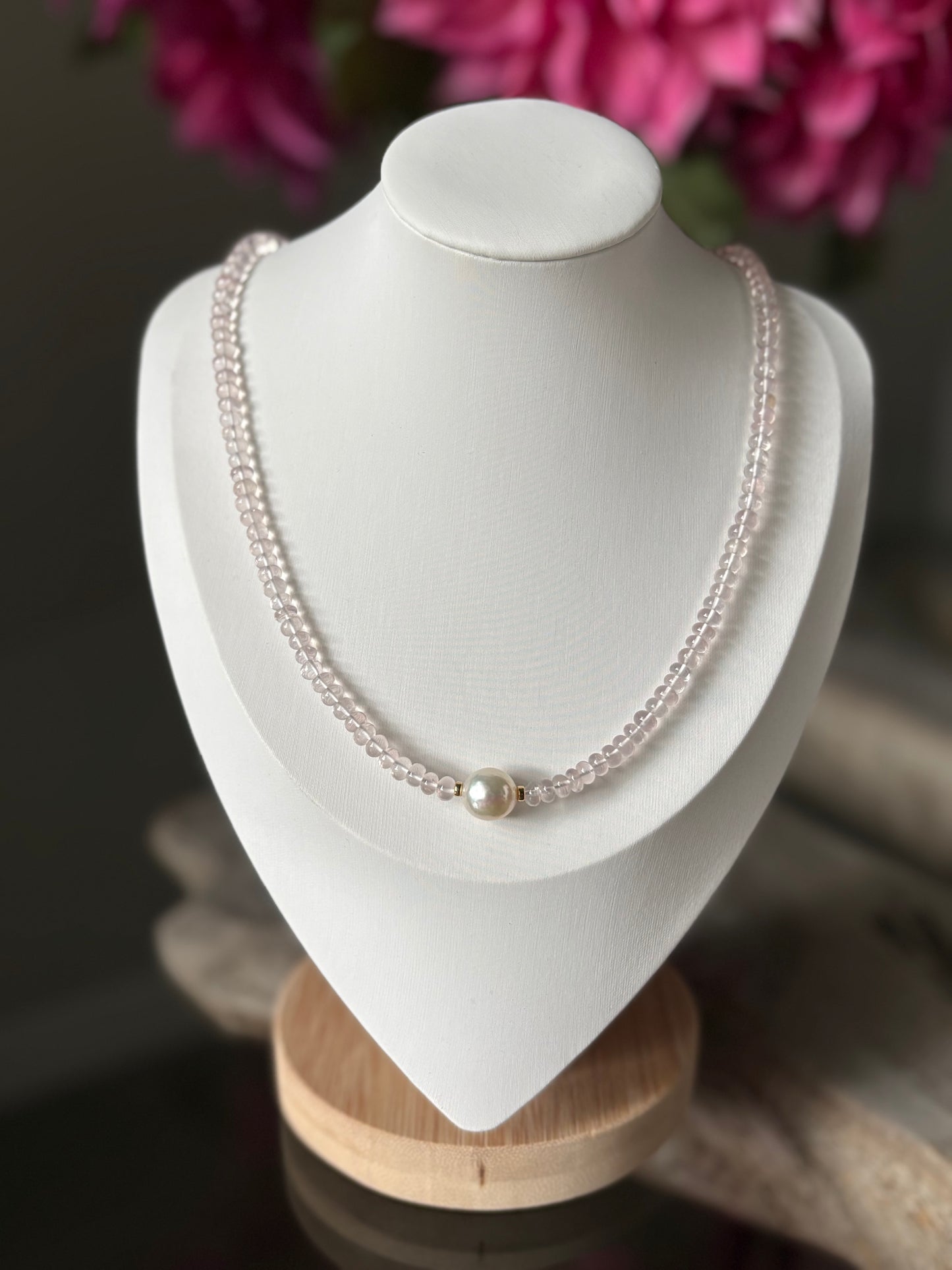 Rose Quartz and Pearl Necklace 18"