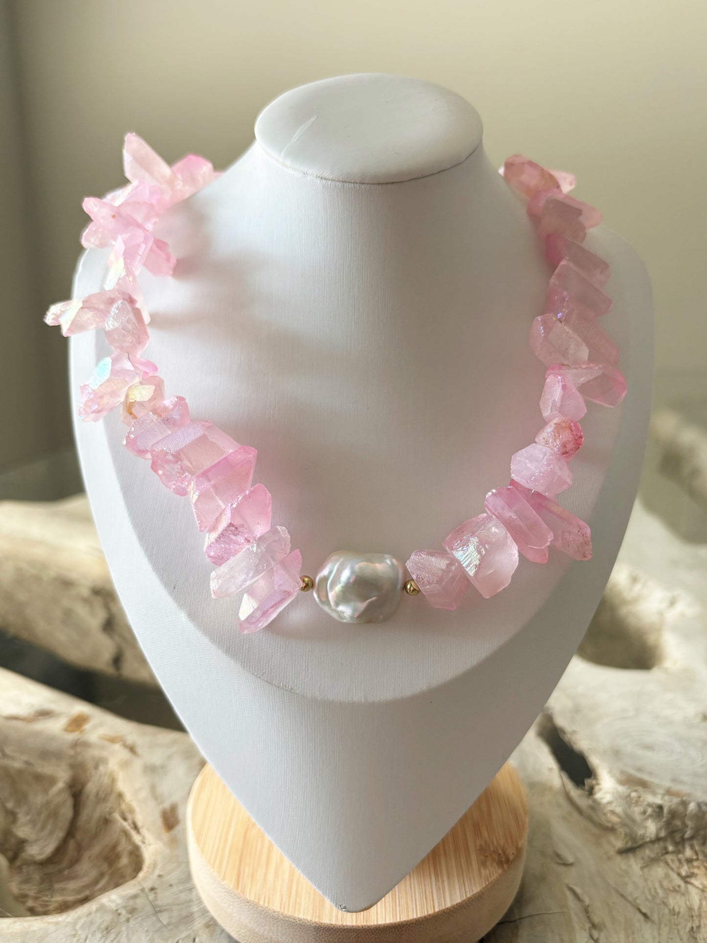 Chunky Pink Quartz and Pearl Necklace