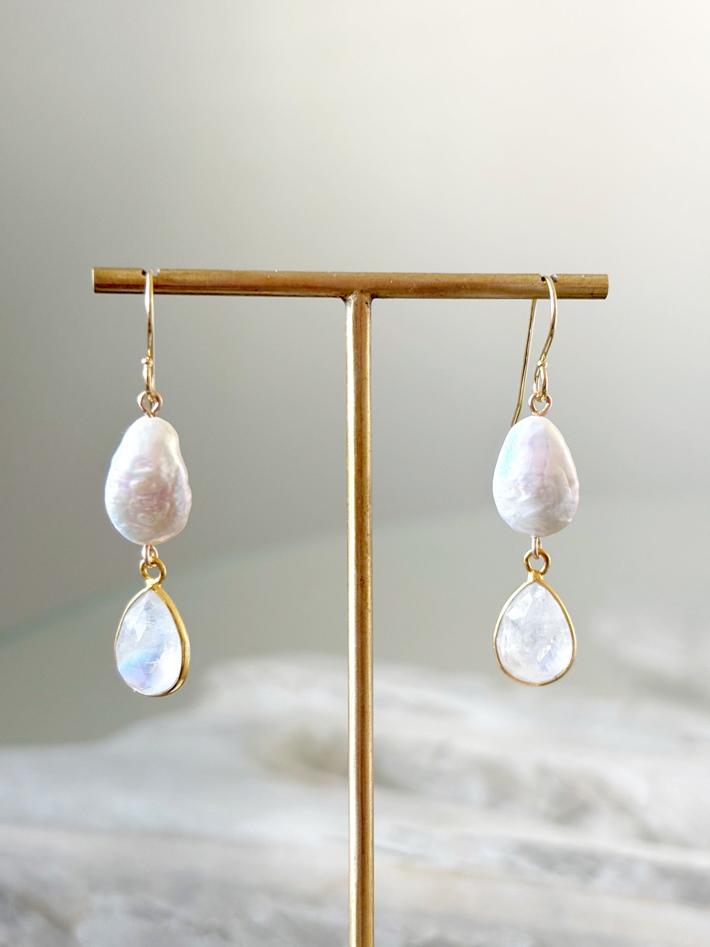Rainbow Moonstone and Pearl Earrings on a gold stand