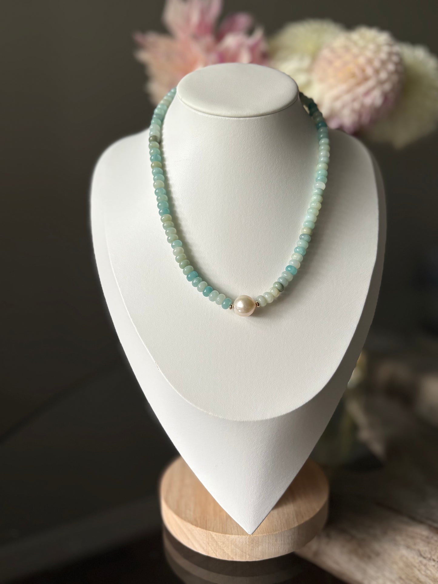 Amazonite Rondelle Round Pearl Necklace