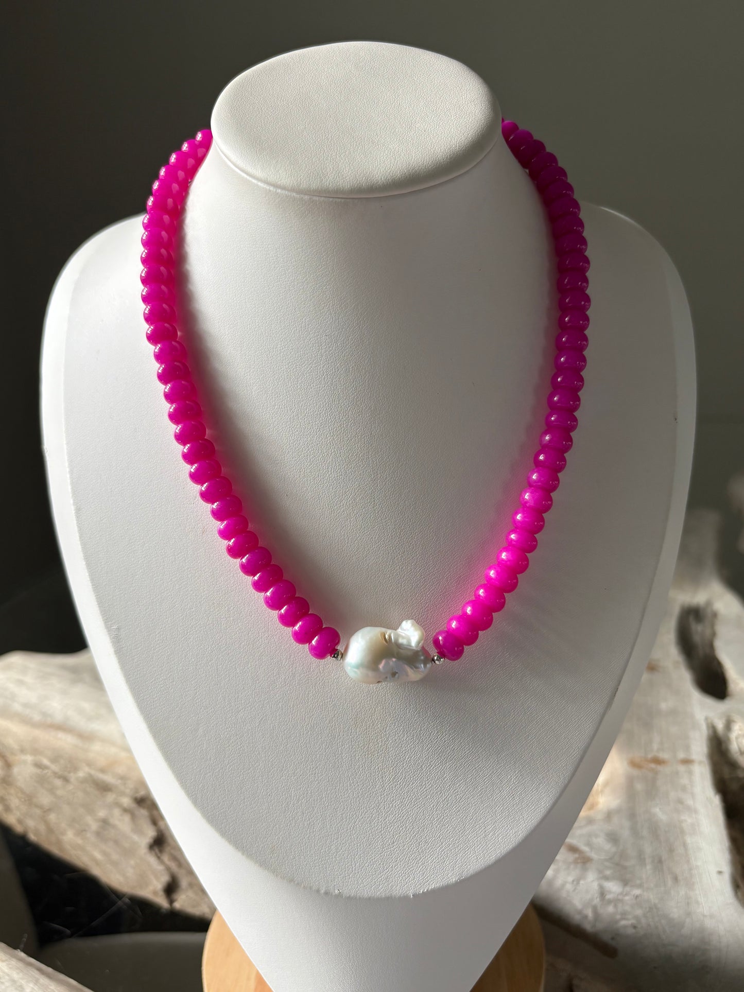 Fuchsia Jade with Pearl Necklace