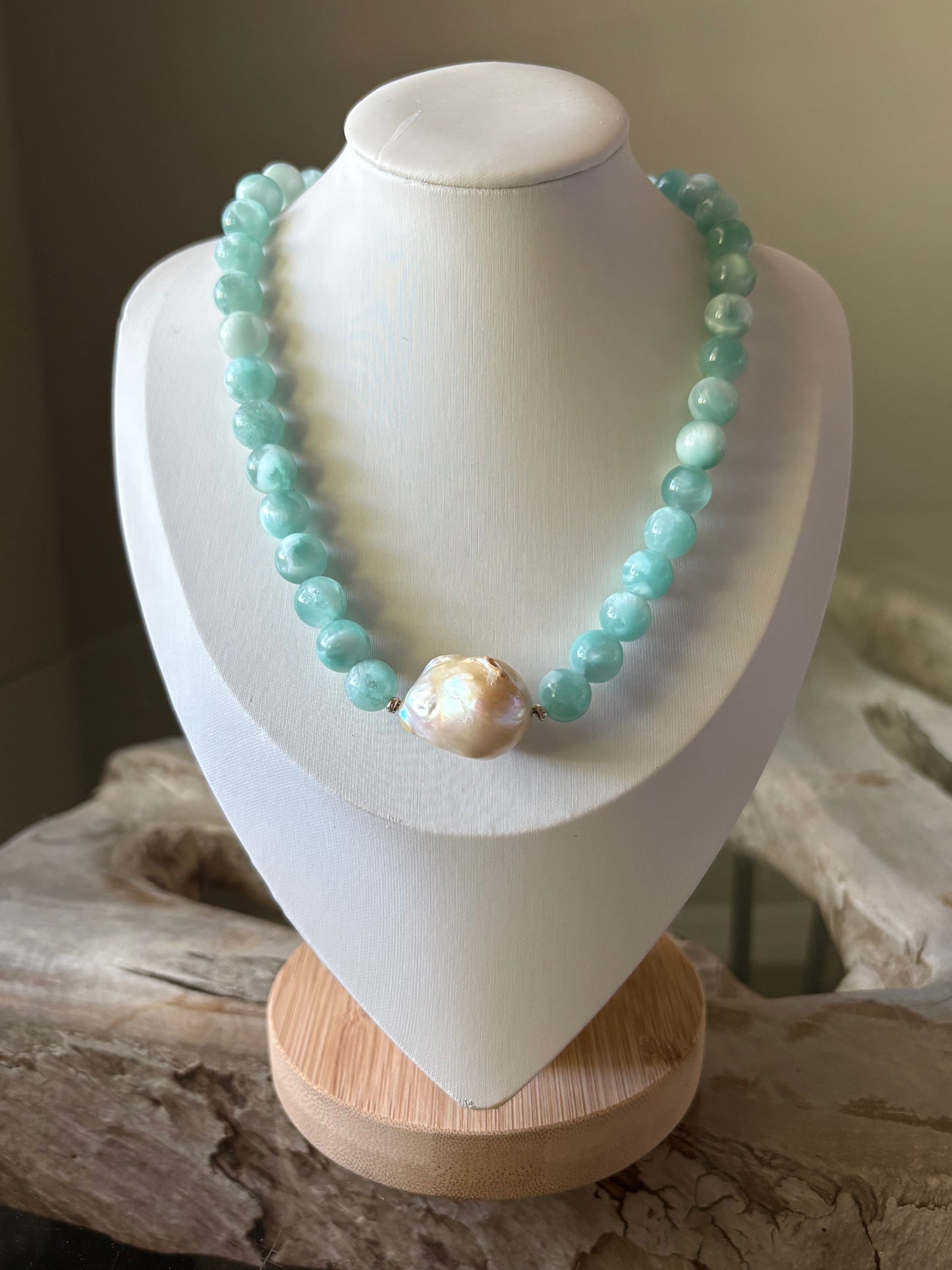 Green Moonstone and Pearl Necklace