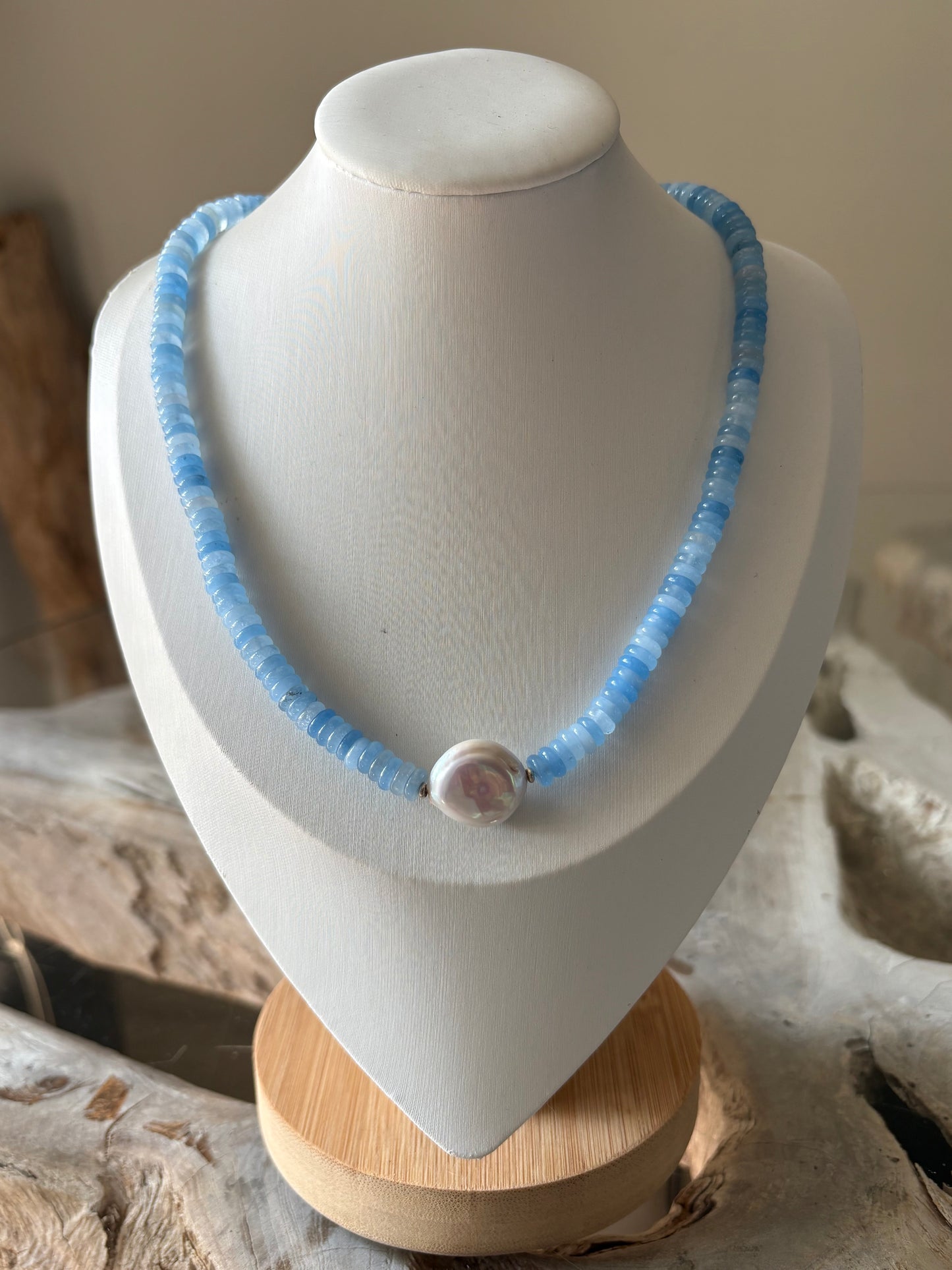 Pale Blue Jade and Pearl Necklace