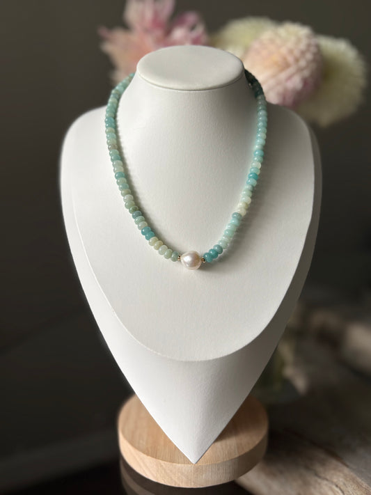 Amazonite Rondelle Round Pearl Necklace