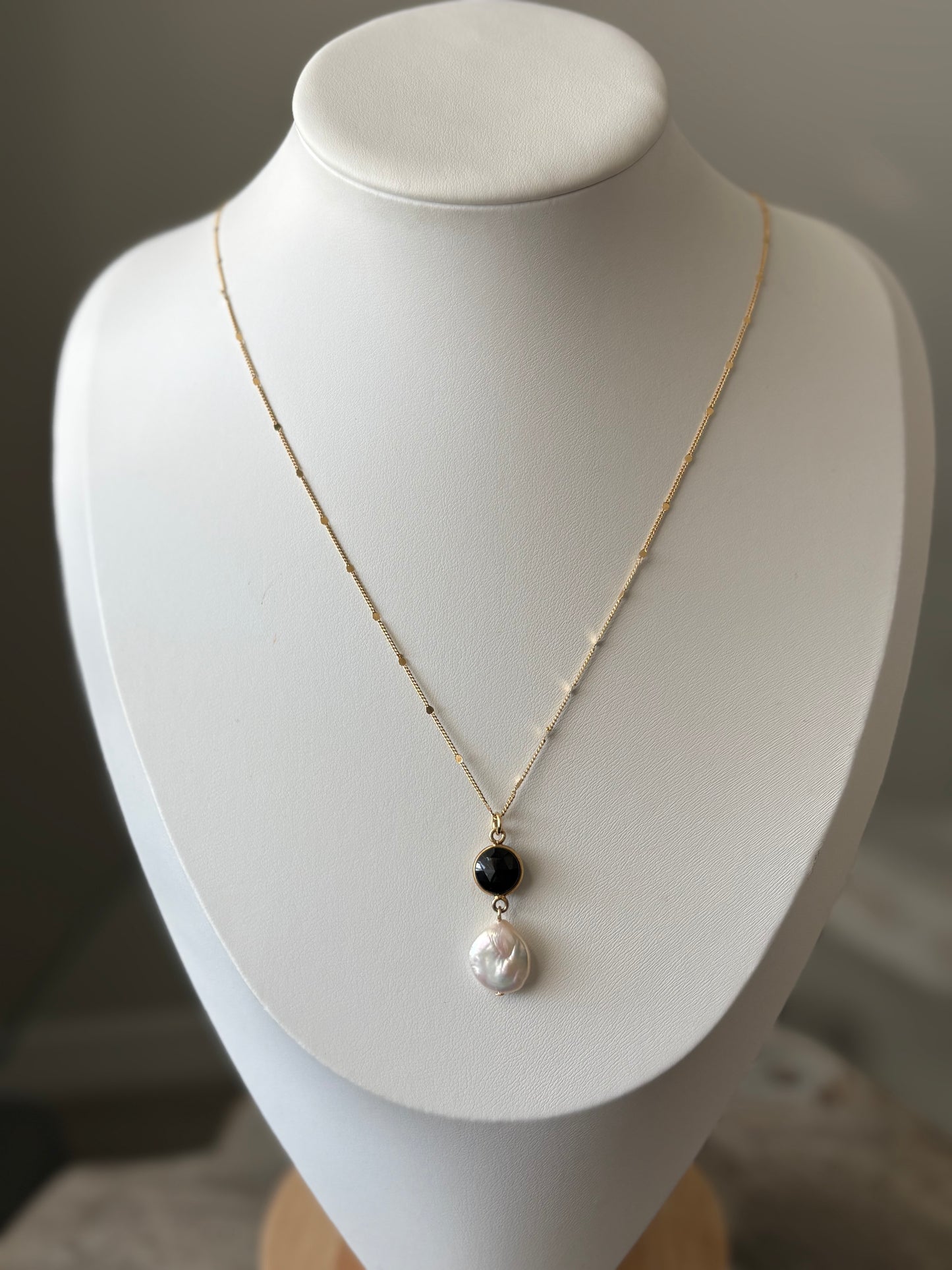 Black Onyx and Pearl Gold Chain Necklace