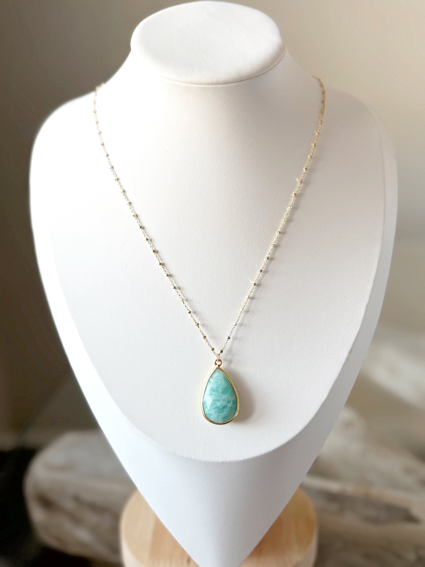 Amazonite Teardrop Gold Chain Necklace