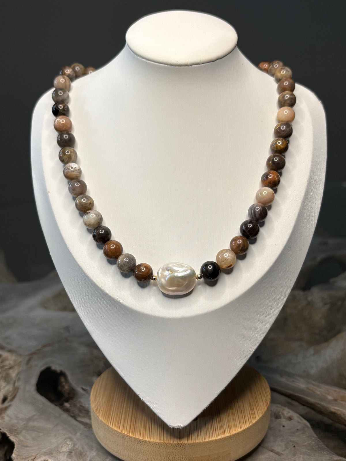Gray Moonstone and Pearl Necklace