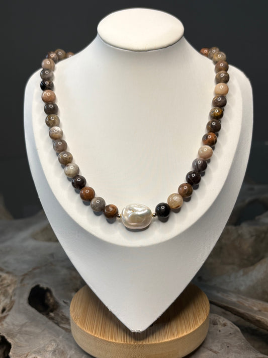 Gray Moonstone and Pearl Necklace