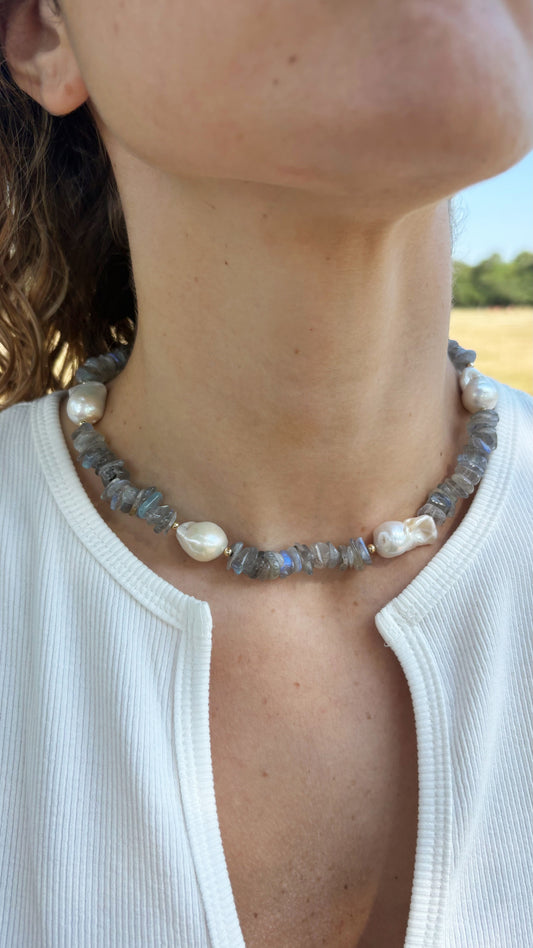 Labradorite Chip and Pearl Necklace
