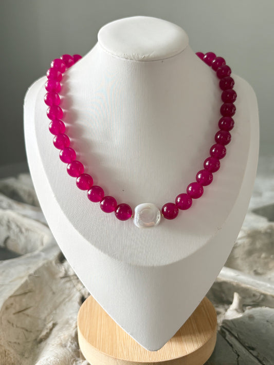 Fuchsia Jade and Pearl Necklace
