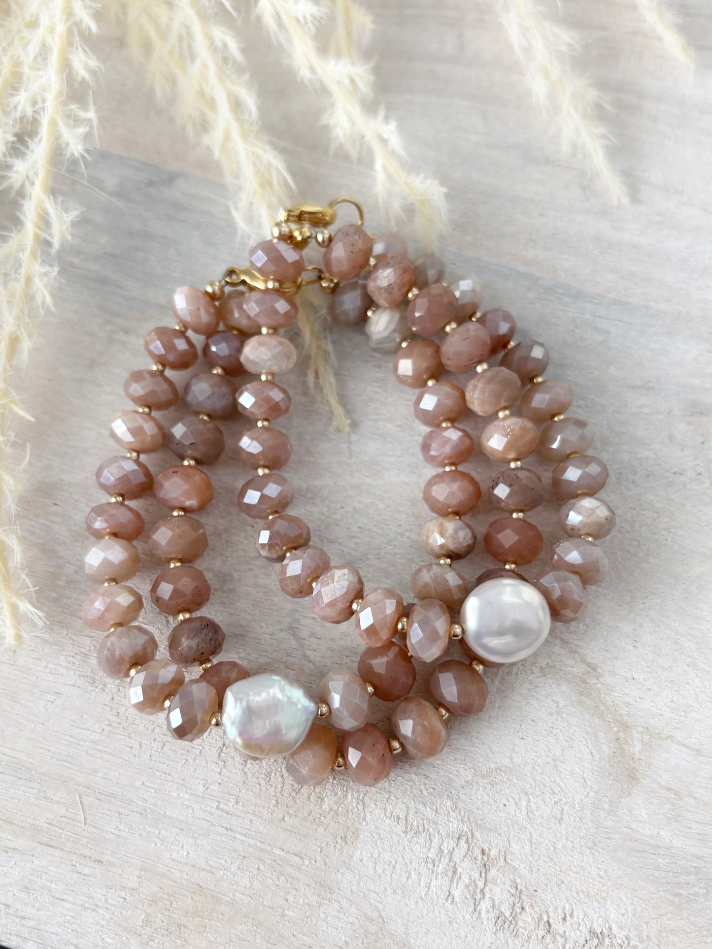 Peach Moonstone and Pearl Bracelet