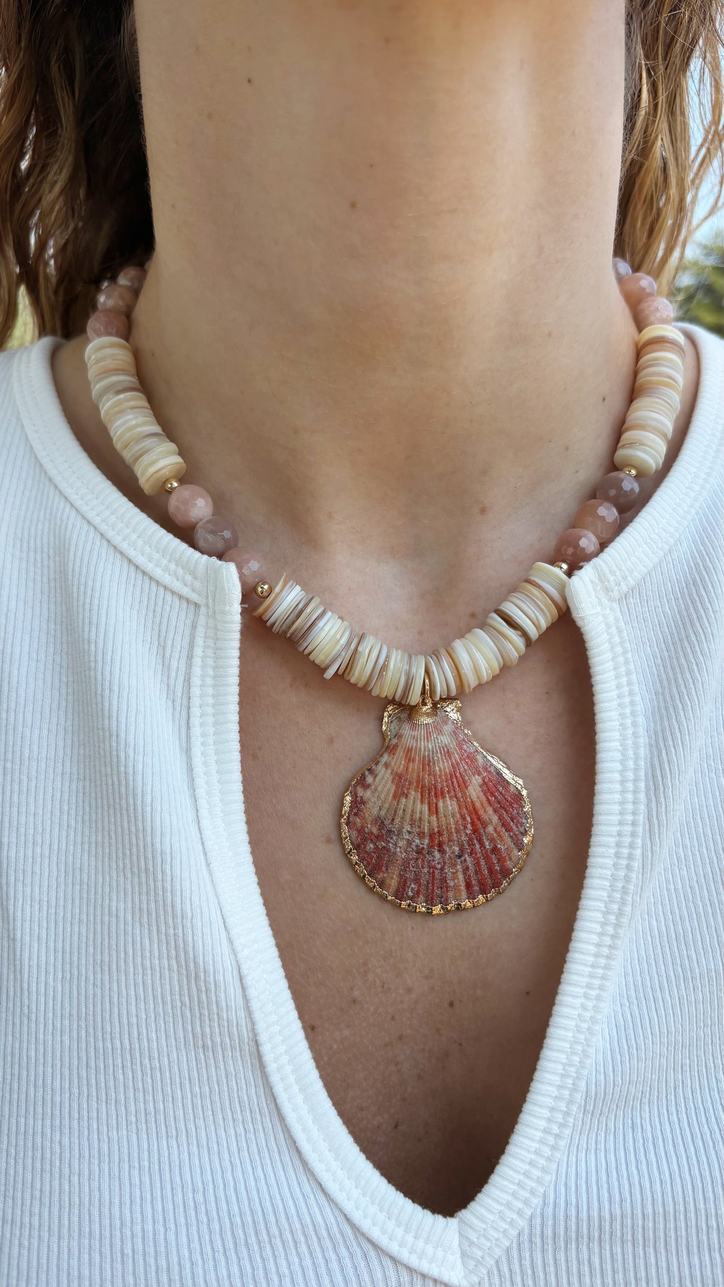 Shell and Peach Moonstone Shell Necklace