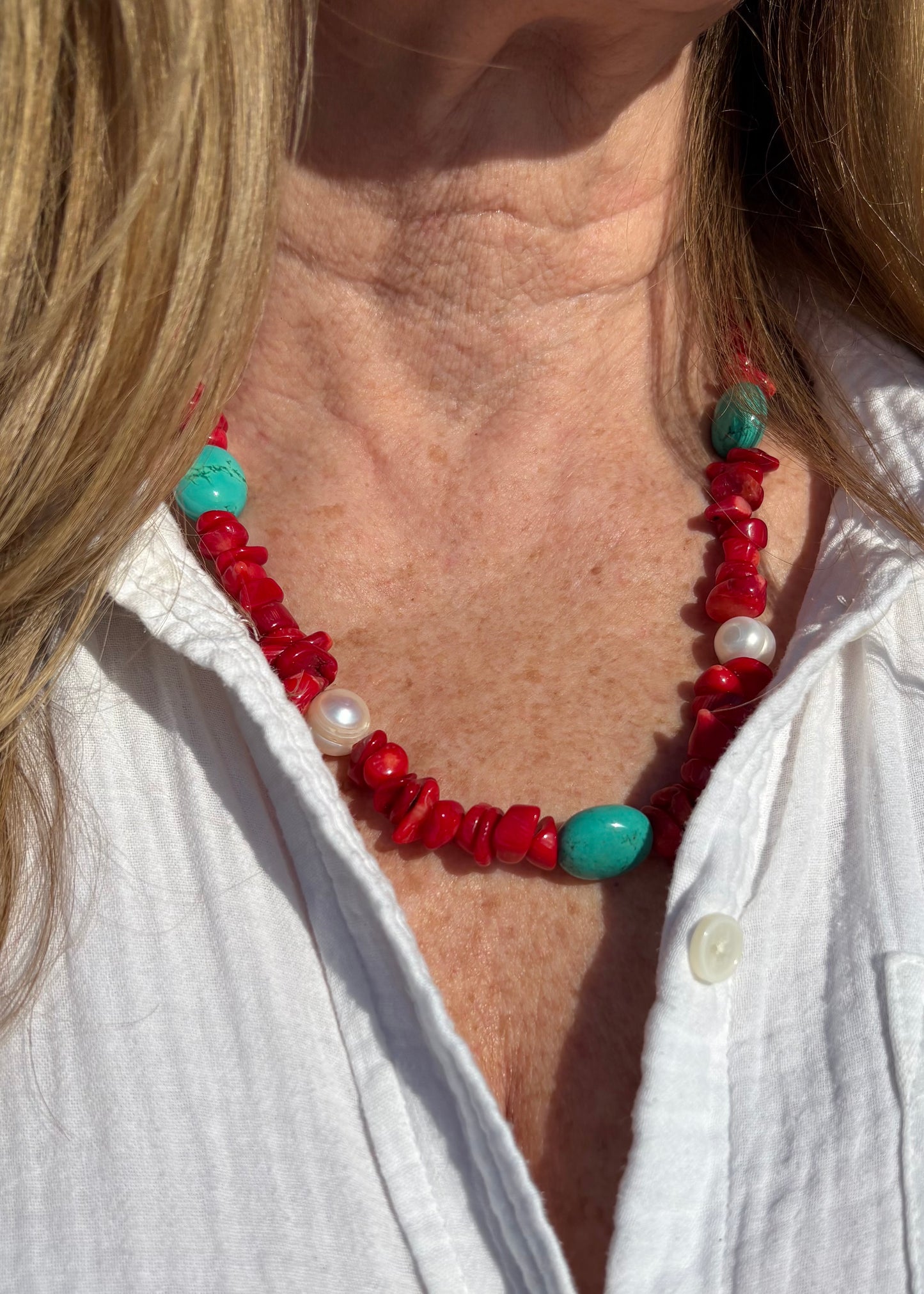 Long Coral, Turquoise and Pearl Necklace