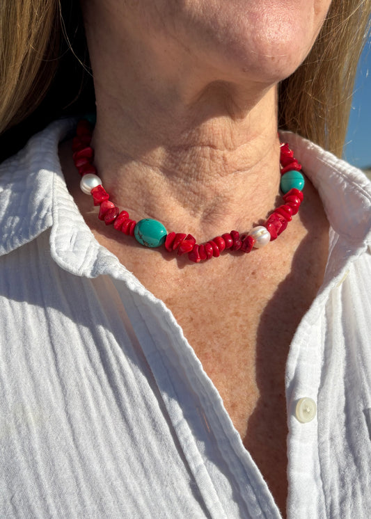 Short Coral, Turquoise and Pearl Necklace