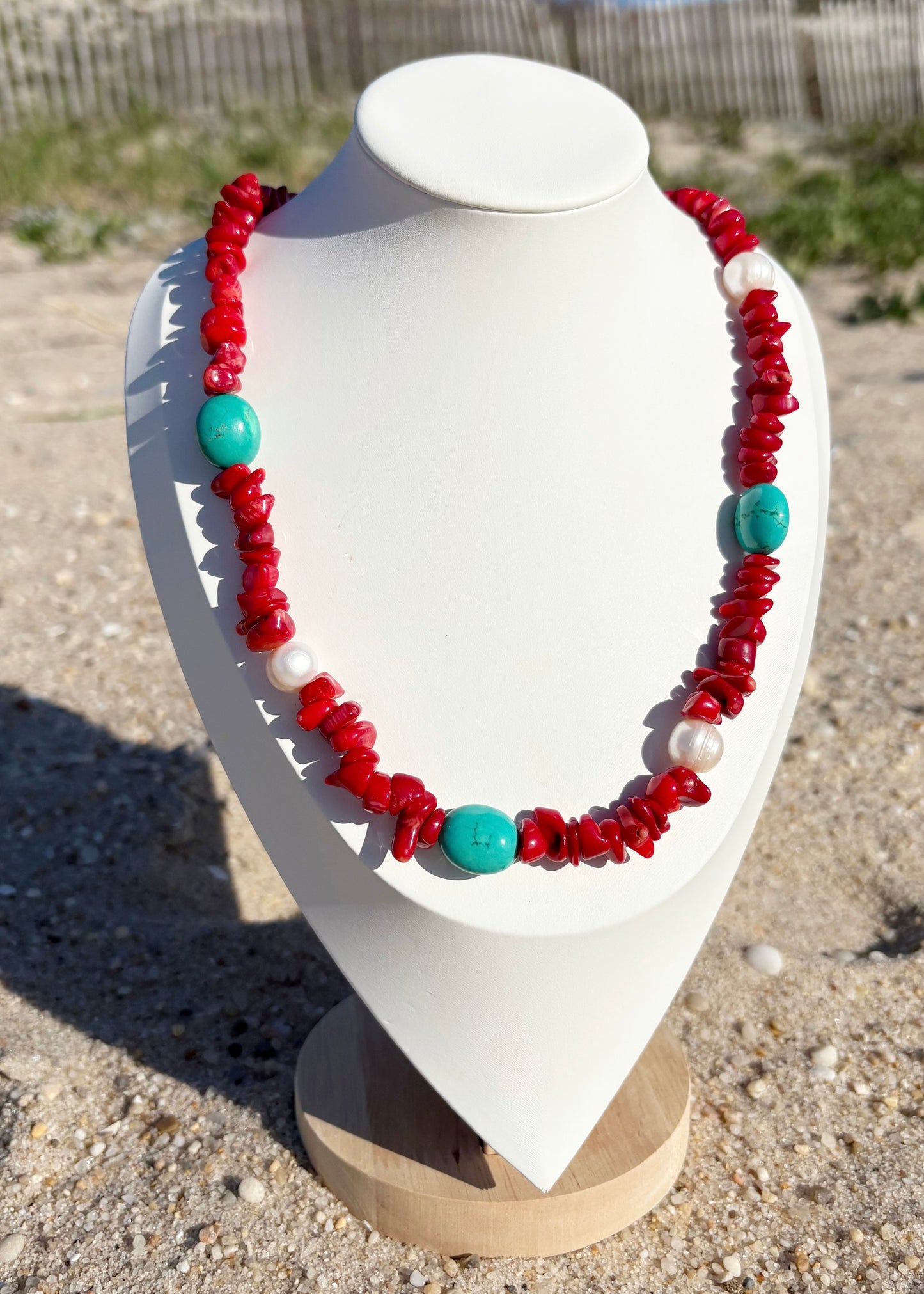 Long Coral, Turquoise and Pearl Necklace