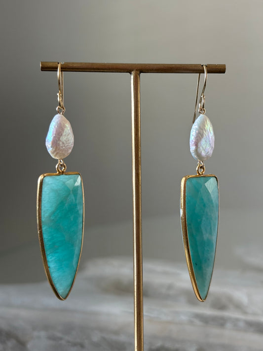 Amazonite and Pearl Statement Earrings