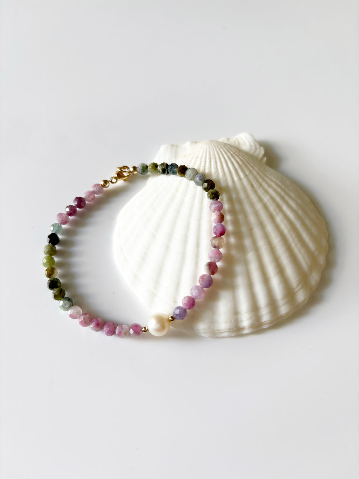 Watermelon Tourmaline and Pearl Bracelet