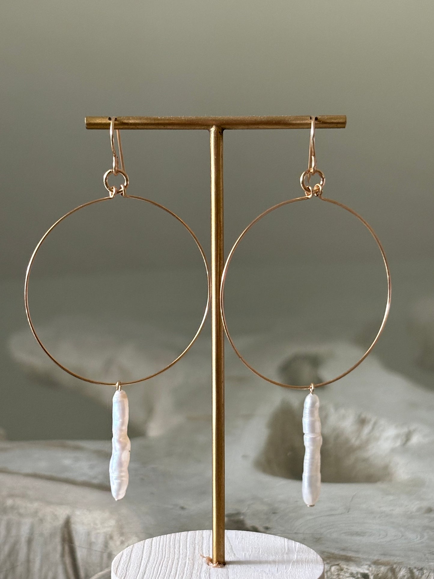 Large White Pearl Gold Hoop Earrings