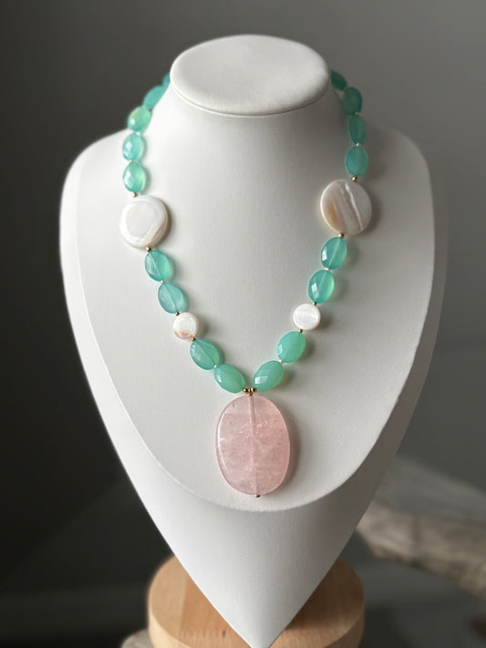 Rose Quartz Chalcedony and Mother of Pearl Necklace