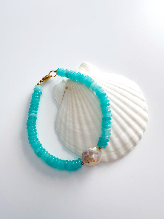Aqua Jade and Pearl Bracelet