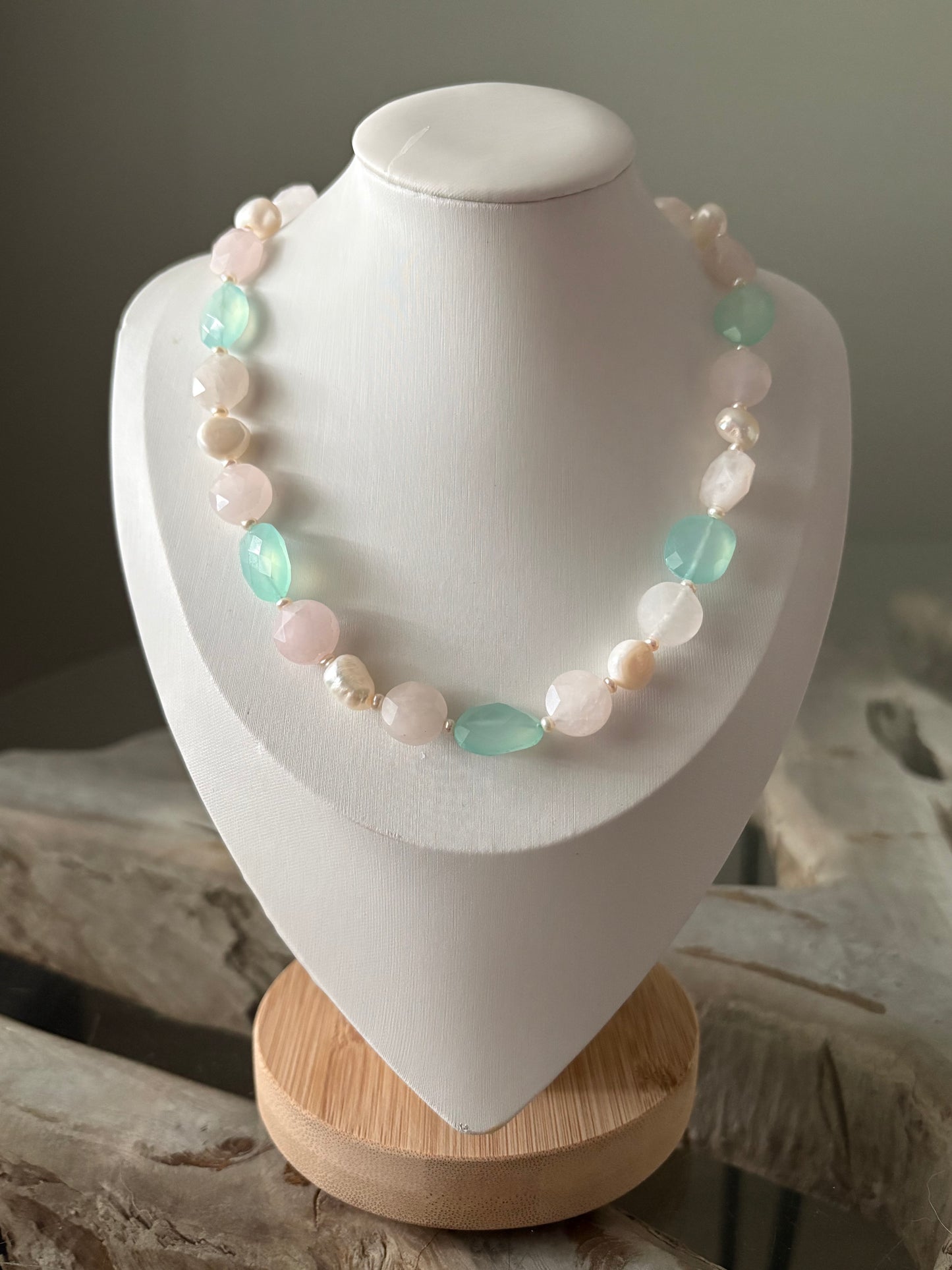 Rose Quartz, Chalcedony and Pearl Necklace