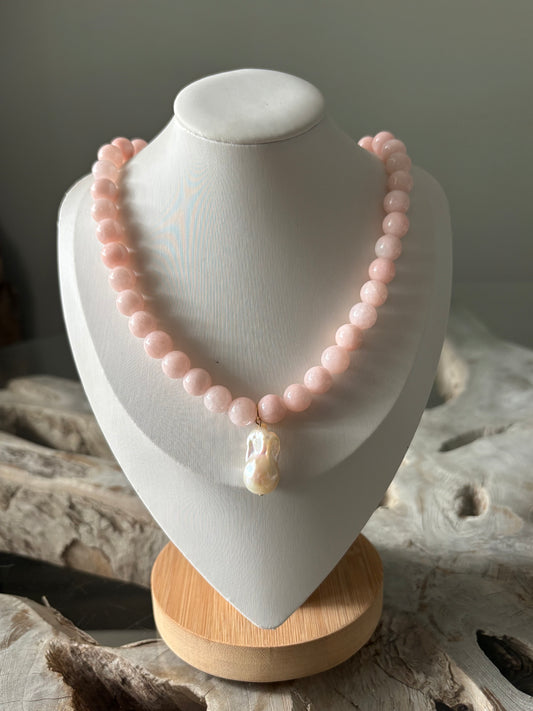 Bubble Gum Pink Jade and Pearl Necklace