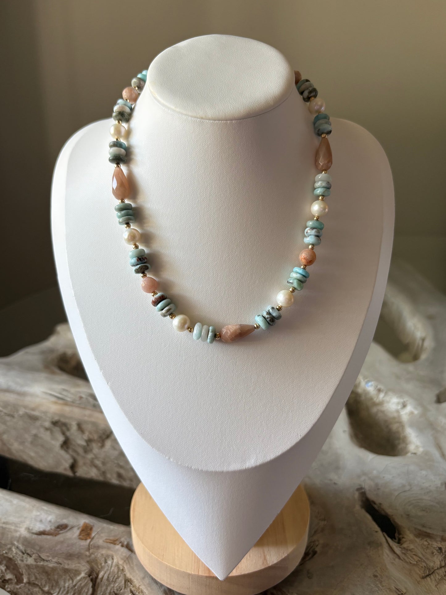 Larimar, Pearl and Peach Moonstone Necklace