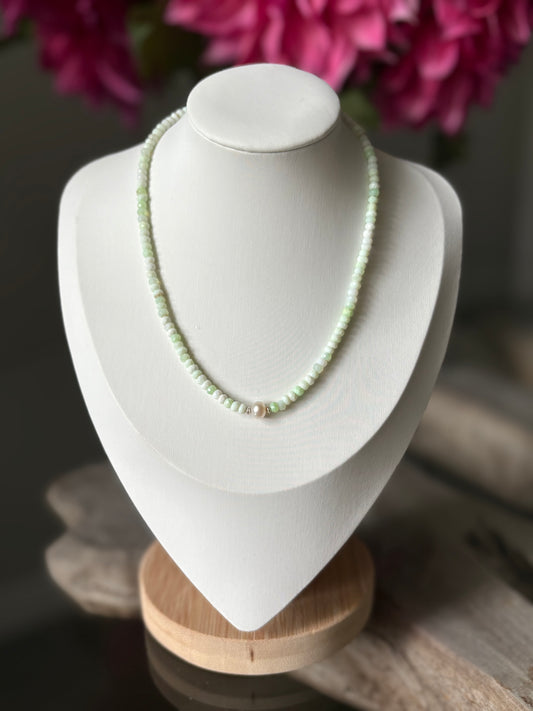 Green Opal and Pearl Necklace 14"