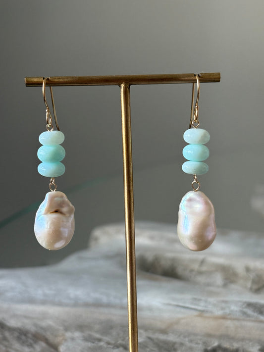 Blue Opal and Pearl Earrings