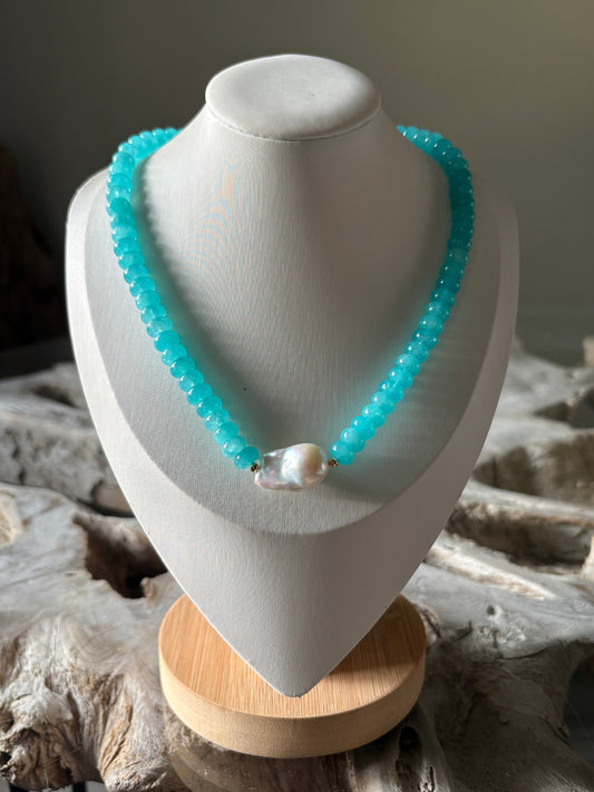 Aqua Jade and Pearl Necklace