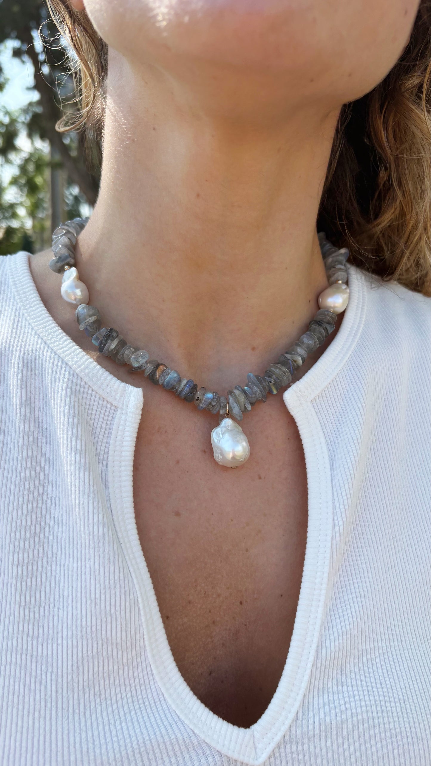 Labradorite Chip and Pearl Necklace