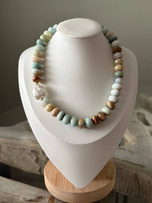 Chunky Faceted Amazonite and Pearl Necklace