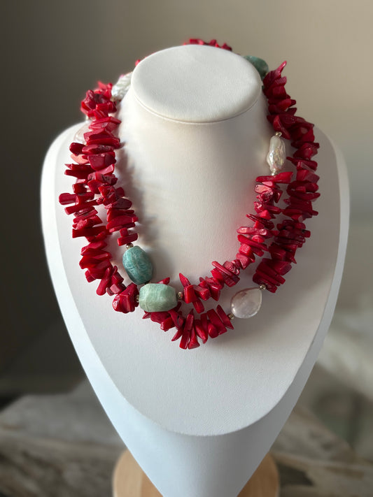 Coral, Amazonite and Pearl Necklace
