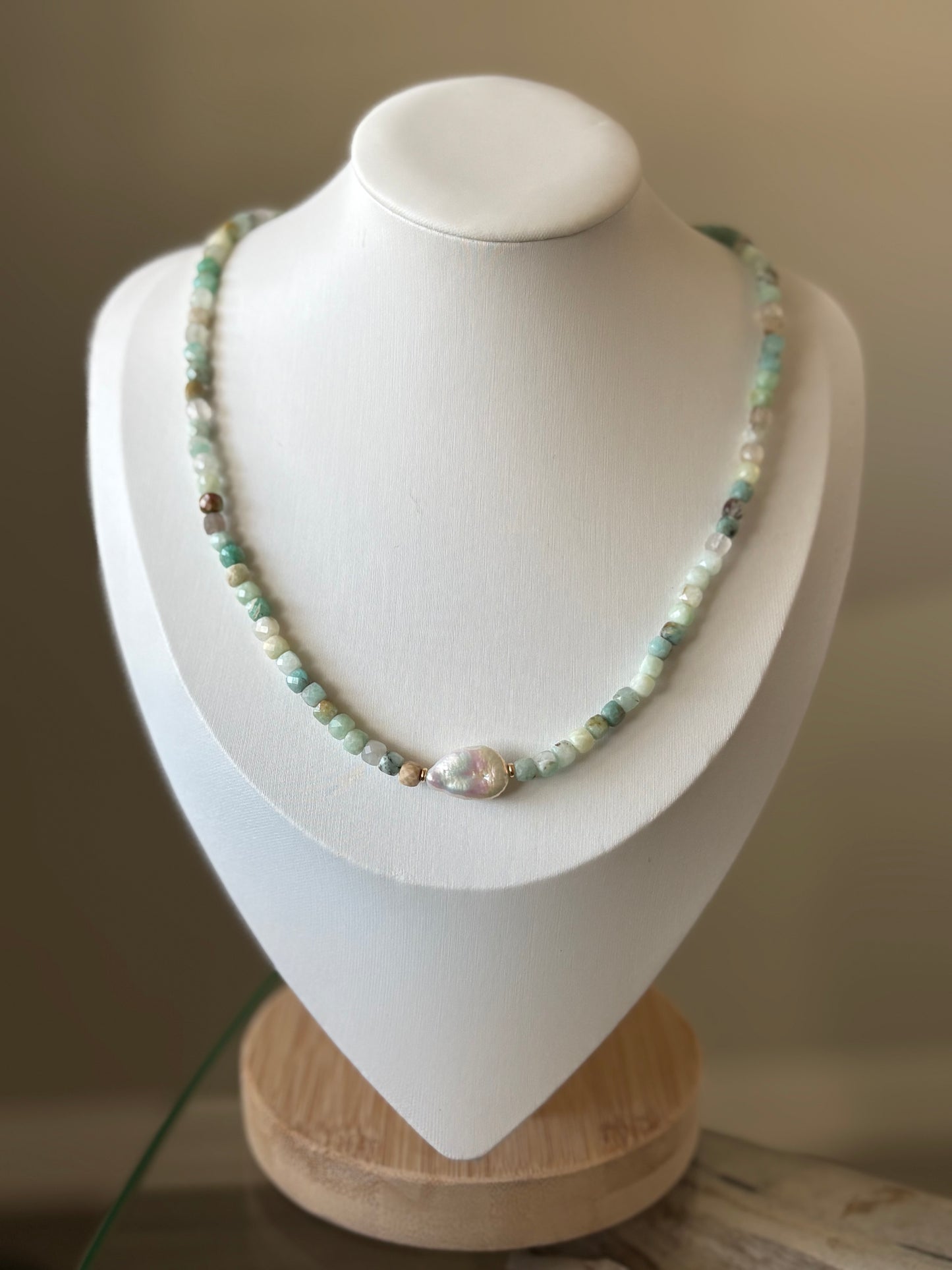 Amazonite Cube Pearl Necklace