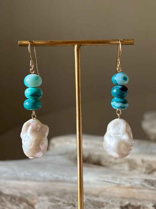 Dark Blue Opal and Pearl Earrings
