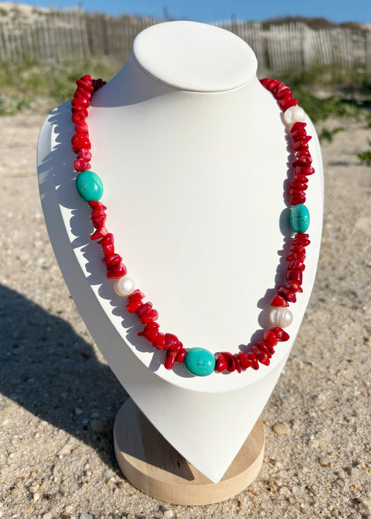 Long Coral, Turquoise and Pearl Necklace