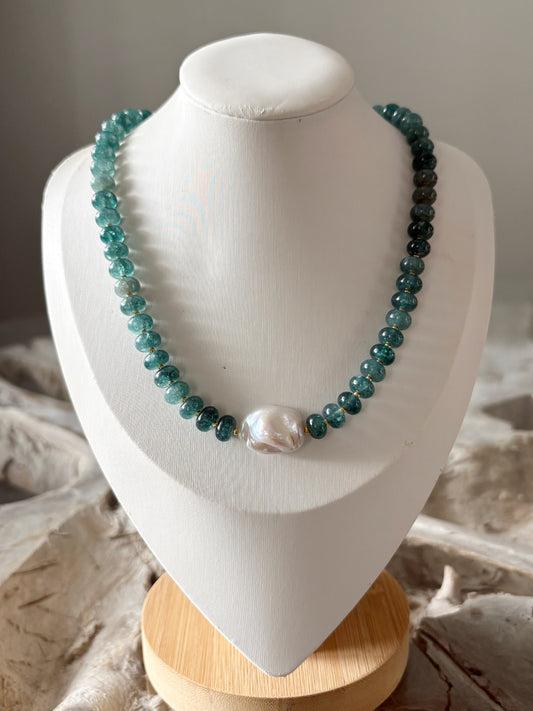 Dark Green Jade and Pearl Necklace