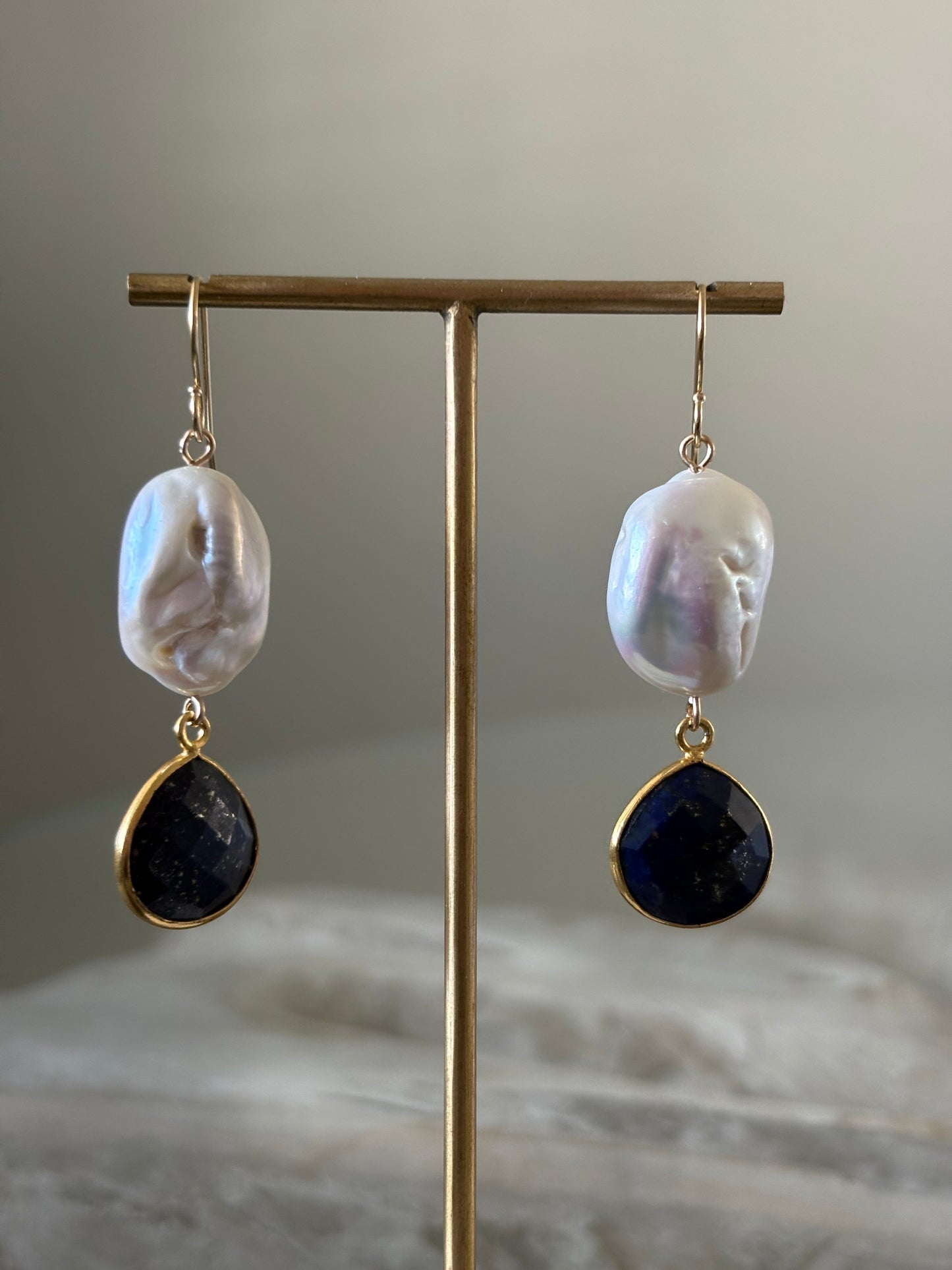 Large Pearl and Lapis Earrings