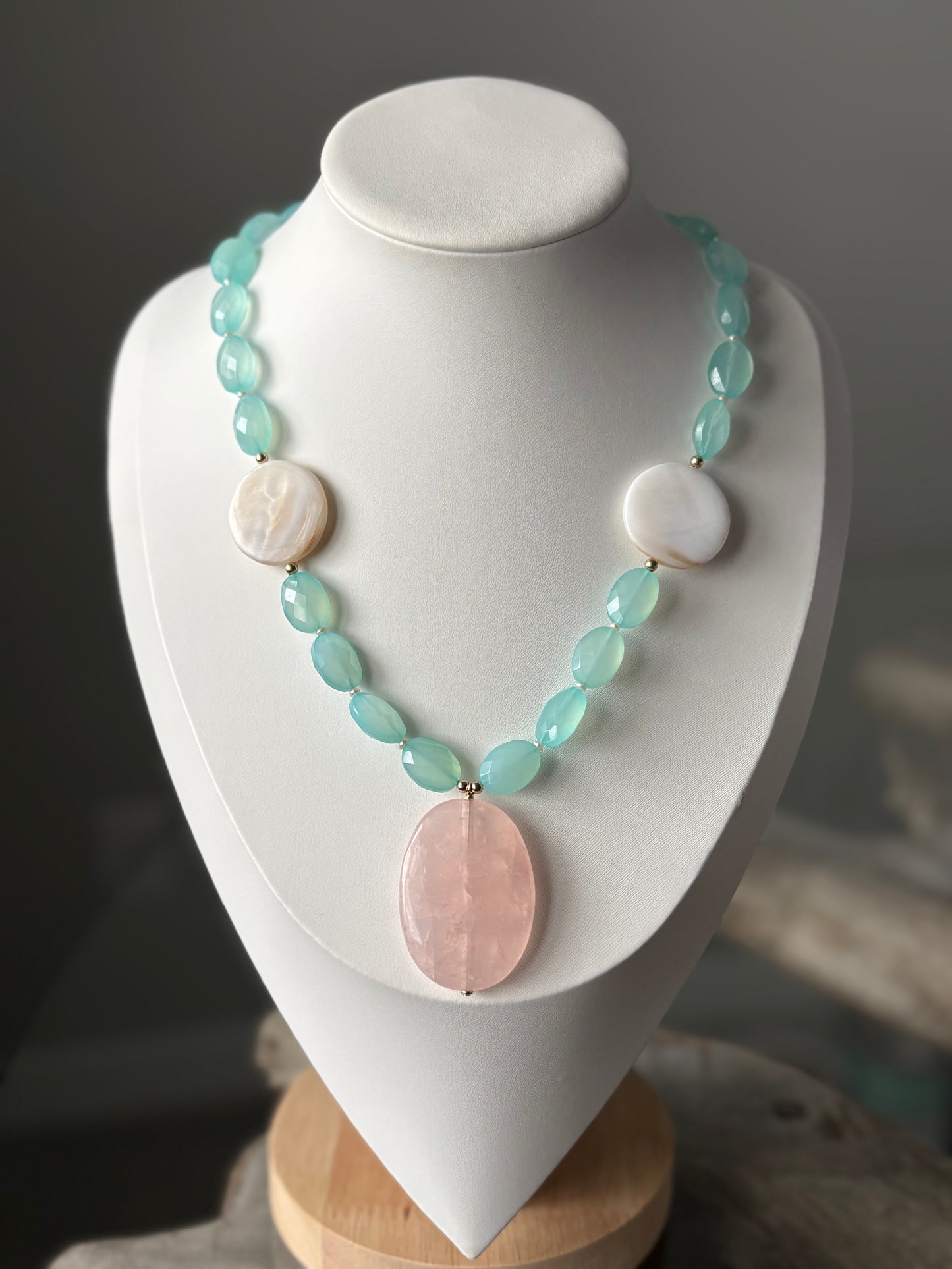 Rose Quartz Chalcedony and Mother of Pearl Necklace