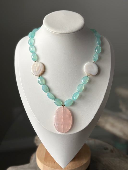 Rose Quartz Chalcedony and Mother of Pearl Necklace