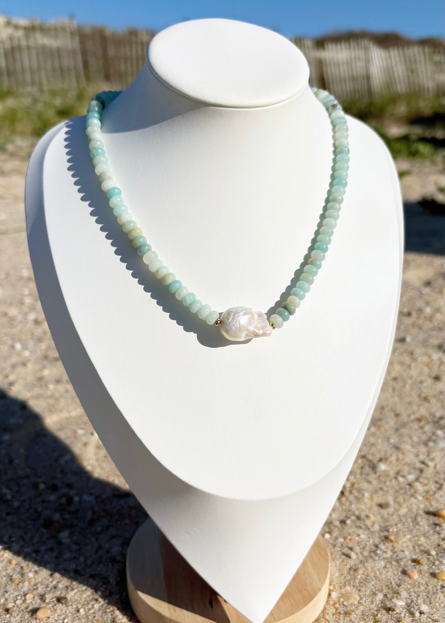 Amazonite Rondelle Baroque Pearl Necklace