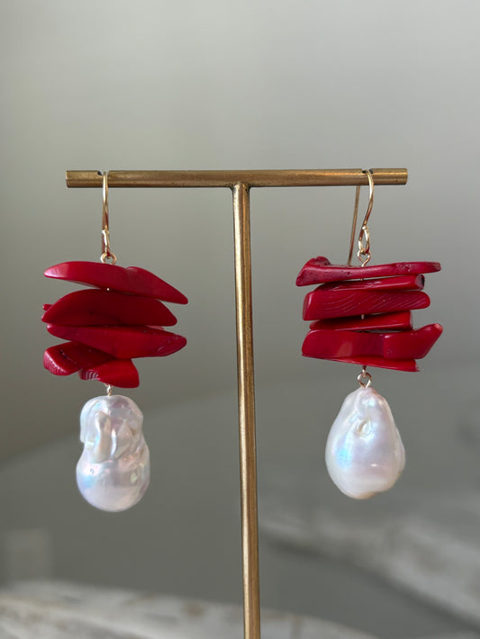 Chunky Coral and Pearl Earrings