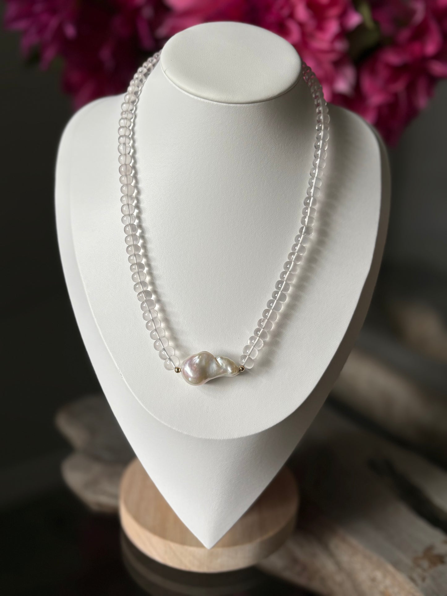 Rose Quartz and Baroque Pearl Necklace