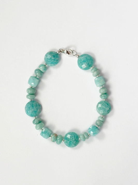 Amazonite Bracelet with faceted and smooth beads in various shapes, silver clasp