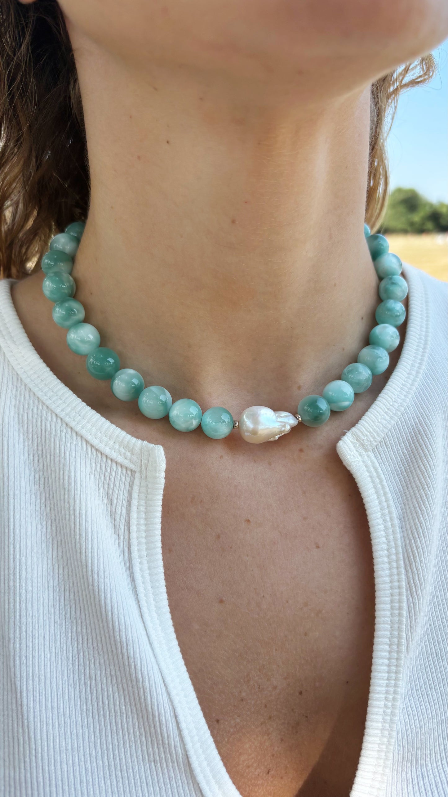 Green Moonstone and Pearl Necklace