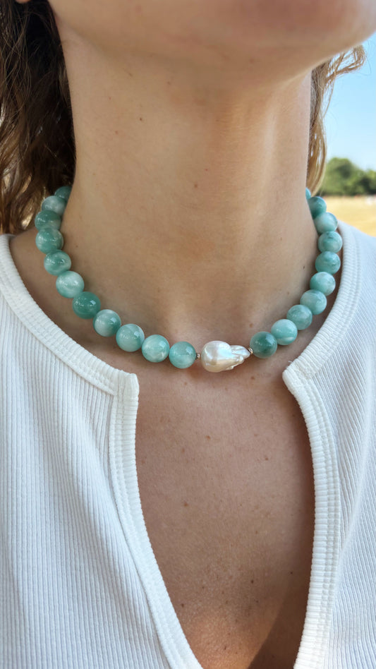 Green Moonstone and Pearl Necklace