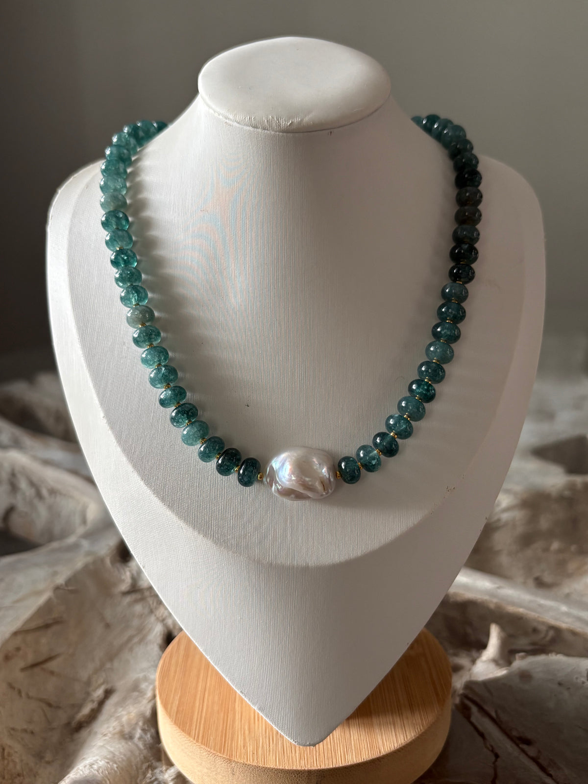 Dark Green Jade and Pearl Necklace